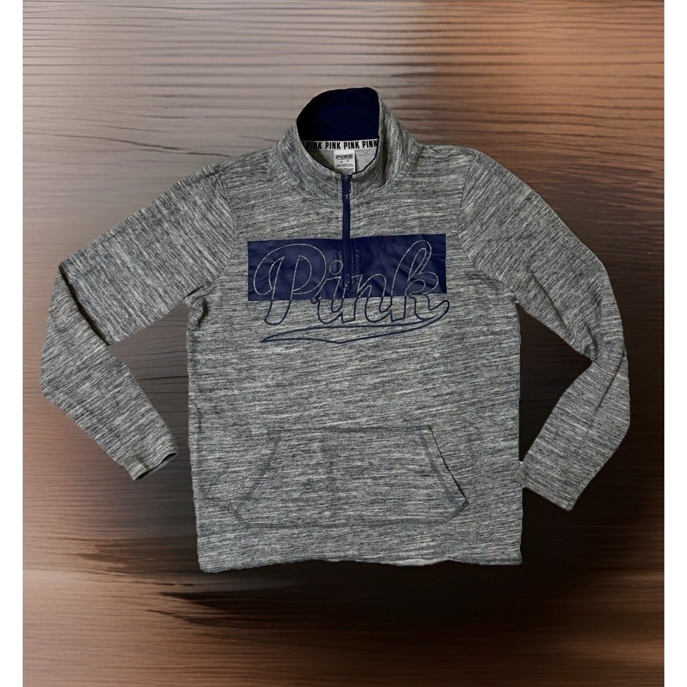 Victoria's‎ Secret PINK Half Zip Pullover XS Gray Marled Colorblock Logo Hoodie